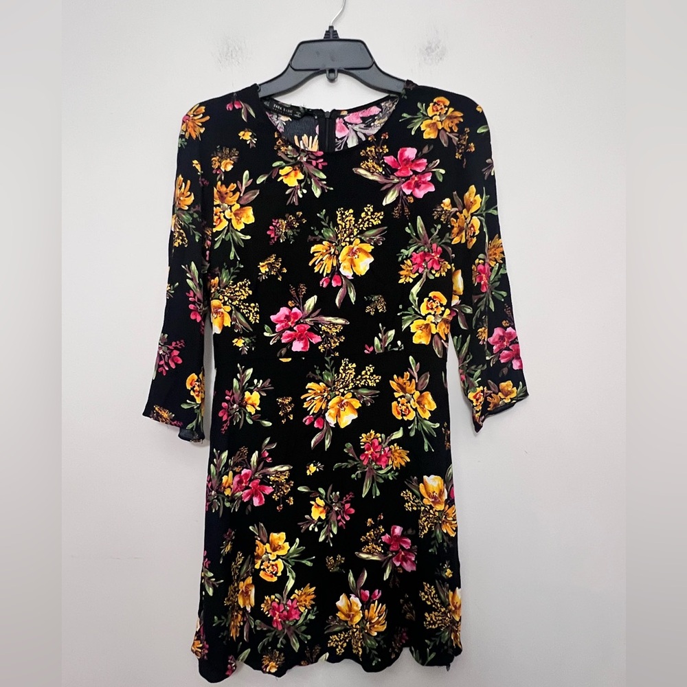 ZARA Black Midi Dress with Pink & Yellow Floral Print size L